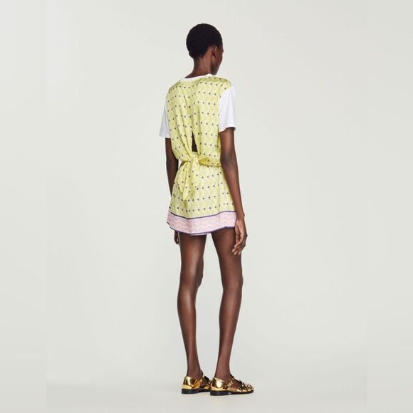 Sandro x Louis Barthelemy White/Yellow Printed Cotton Knit and Satin Dimi TOP - Picture 2 of 8